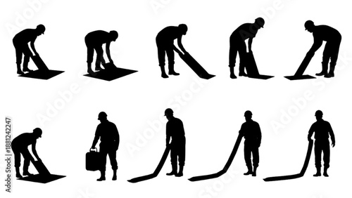Dynamic Silhouette Vector Set Illustrating Professional Cleaners Performing Sweeping and Maintenance Tasks