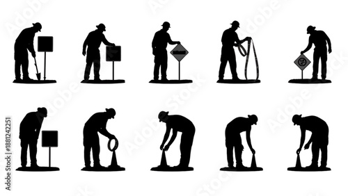 Public Works and Road Maintenance Crew Silhouettes Performing Essential Infrastructure Tasks