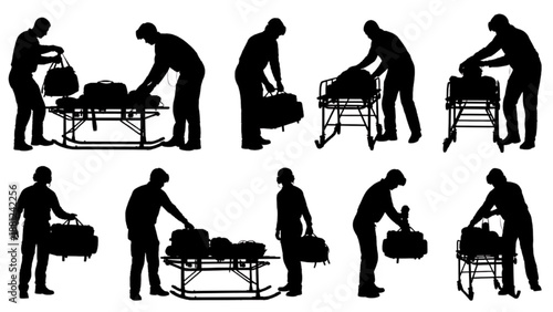 Dynamic silhouettes showcasing individuals diligently preparing, packing, and organizing various equipment with sleds for adventurous journeys and expeditions