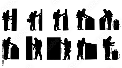 Collection of Silhouettes Person in Hazmat Suit Performing Various Actions