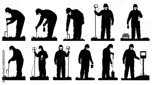 Silhouettes of a person collecting soil samples in various positions