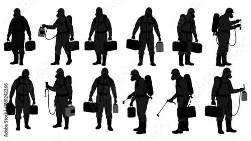 Professional workers in protective suits performing disinfection, pest control, and hazardous material management tasks