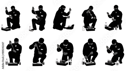 Various Silhouettes of a Professional Conducting Scientific Laboratory Experiments and Chemical Analysis Tasks
