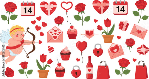 Valentine's Day Collection Featuring Cupid, Red Roses, Heart Balloons, Love Letters, Cupcakes, and Romantic Icons for February 14 Celebration Vector Illustration.