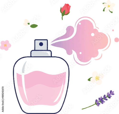 Flat vector illustration of a perfume spray bottle with soft pink liquid, floral elements, and scent mist