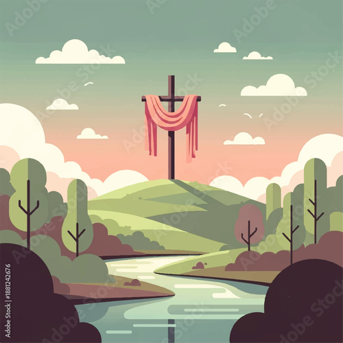 Vector flat design illustration of a serene landscape with a cross draped in pink fabric standing by a winding river, surrounded by trees and hills under a pink and green sky with fluffy