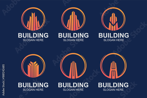Real Estate Building Logo Set with Modern Abstract Skyscrapers in Circular Frames and Corporate Identity Bundle