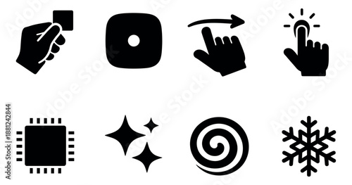 Solid glyph icons set featuring hand gestures, a microchip, and abstract symbols for user interface design