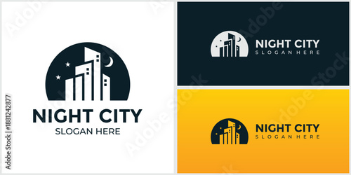 Night City Logo Design with Modern Skyline Silhouette Crescent Moon and Stars for Real Estate Branding
