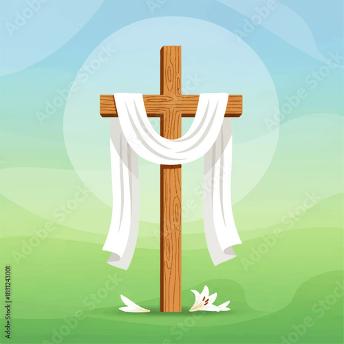 Vector flat design illustration of a wooden cross with white cloth draped over it, standing on green hills with birds and a sunny sky background.