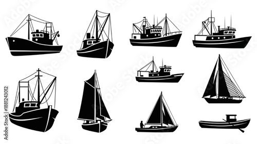 Assortment of fishing boats, sailboats, and small watercraft icons for sea exploration concepts