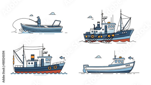 Collection of diverse fishing boats and ships for ocean harvesting, showcasing maritime industry vessels and leisure crafts