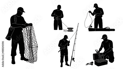 Various silhouette depictions of a dedicated fisherman preparing equipment and enjoying the serene activity
