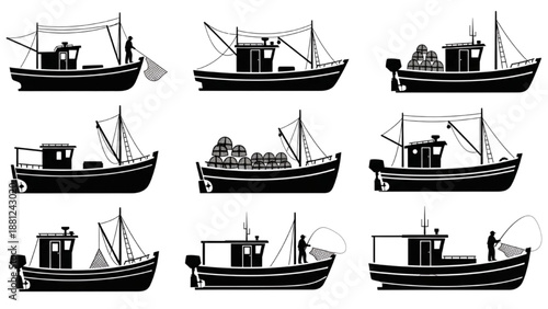 Diverse collection of traditional and commercial fishing boat silhouettes showcasing various maritime industry vessels and their unique designs