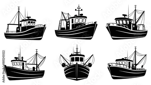 Set of fishing boat illustrations in various perspectives