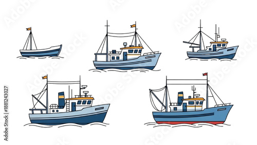Collection of diverse fishing boat illustrations in a simple, modern vector art style