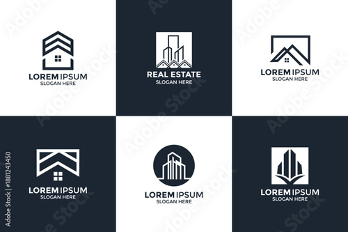 Real Estate Logo Set with Modern House Symbols Skyscraper Silhouettes and Corporate Identity Collection
