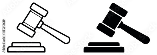 Outline and solid icon set featuring a gavel and sound block for law and auction