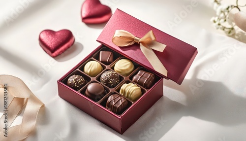 Box of assorted gourmet chocolates rests open on a white fabric surface near sparkling heart shapes