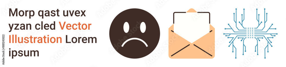 Fototapeta premium Communication, emotions, digital interactions, online messaging, electronic circuits, data exchange. Sad face, envelope and circuit symbol aligned together. Communication and emotions themed visuals