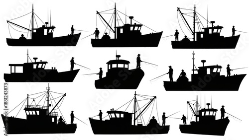 Compilation of Fishing Boats and Anglers in Silhouette, Illustrating Maritime Activities and Water Sports