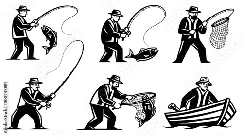 Fishing illustrations of people with rods, nets, and a boat