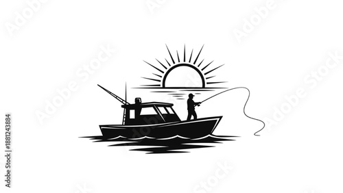 Serene fishing scene with an angler on a boat at sunrise, a peaceful outdoor sport and leisure activity