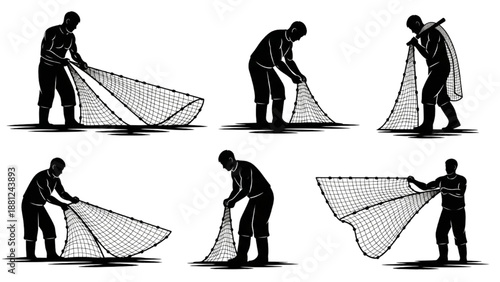 Dynamic illustration of a skilled fisherman demonstrating the traditional art of casting a fishing net in a sequential manner