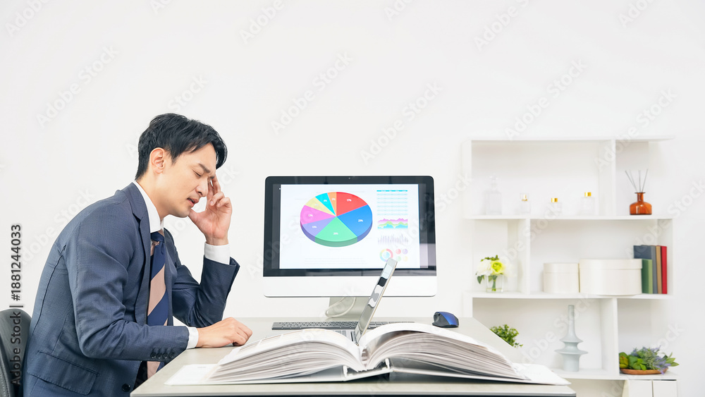 Naklejka premium オフィスで仕事をしながら悩む男性ビジネスパーソン