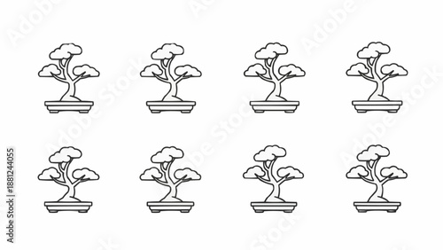 Set of eight stylized bonsai trees in pots illustration.