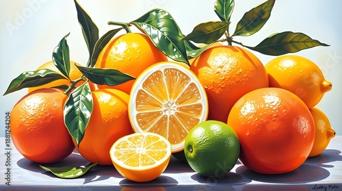 Fresh oranges, lemons and lime with green leaves, whole and sliced citrus fruits on bright background