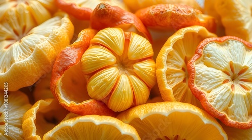 Peeled orange and citrus segments close up, juicy fresh fruit texture background