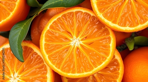 Fresh orange slices close up with green leaves, juicy citrus fruit texture background