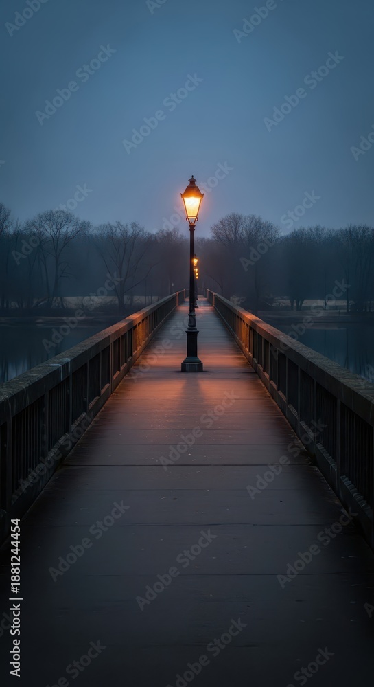 Fototapeta premium Illuminated pedestrian walkway extends into a misty, dark natural setting at dusk