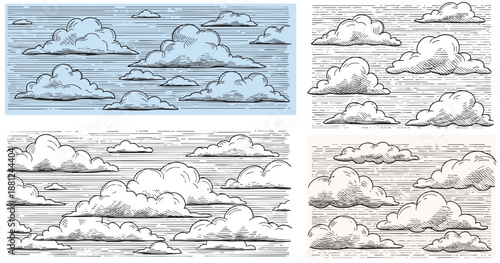 Vintage hand-drawn cloud illustration set, engraved sketch style clouds collection, retro weather design elements, black and white sky graphics