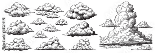 Classic-style sketches of various fluffy clouds and sun, engraved  in monochrome colored
