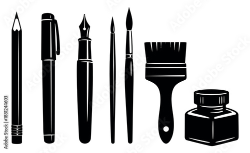 Stylized creative tools set featuring pencils, pens, brushes and an inkwell for artistic and writing purposes