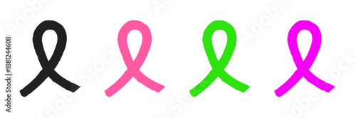 Set of minimalist awareness ribbon icons with transparent background, depicting symbols of support, solidarity, and various causes, ideal for health campaigns and advocacy designs, vector illustration