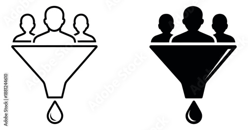 Line art and solid style people filtering funnel icons set featuring multiple individuals entering and a single drop exiting for business conversion