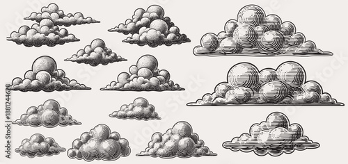 Cloud and cloudiness vintage sketches. Vector hand drawn sky of ancient engraved fluffy clouds, antique map elements
