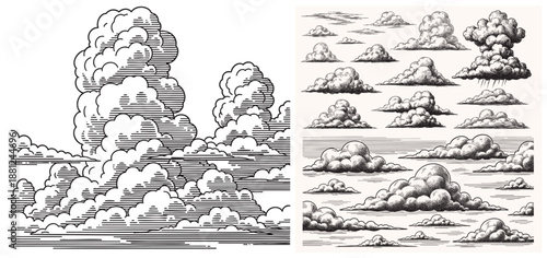 Cloud and cloudiness vintage sketches. Vector hand drawn sky of ancient engraved fluffy clouds, antique map elements