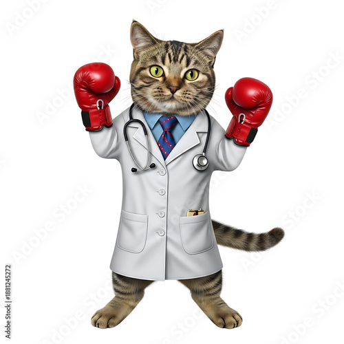 Cat wearing boxing gloves and lab coat