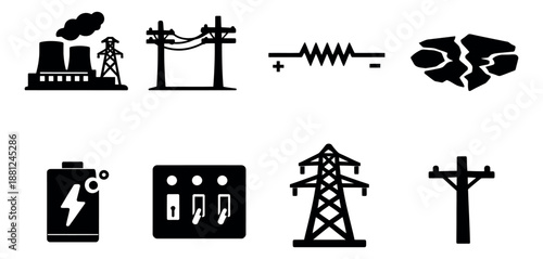 Solid icon electricity and power set featuring power plants, transmission towers, battery, and electrical symbols for energy production and infrastructure