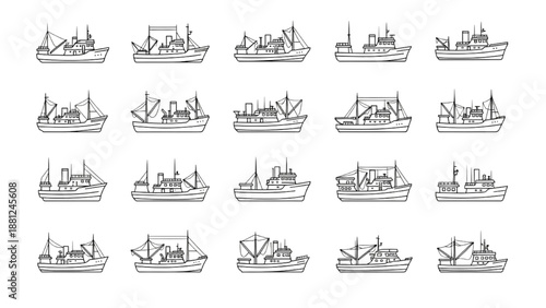 Collection of fishing boat line art vectors, diverse nautical ship graphics, and marine transport icons in outline style