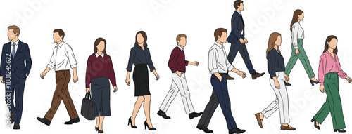 Set of diverse business people and office employees walking in smart casual and professional attire flat vector illustration