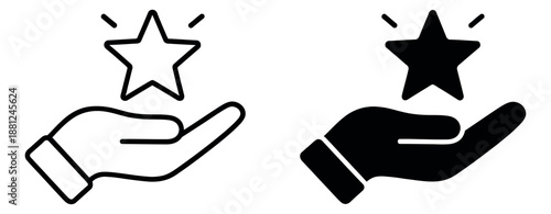 Flat design hand holding star icons set featuring an outline star and a filled star for rating, quality, or achievement