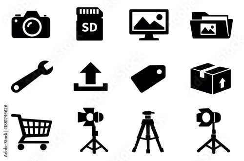 Solid glyph digital media and business icon set featuring photography, storage, e-commerce, and utility symbols for web and application design