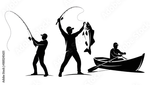 Dynamic Silhouettes Illustrating the Joy of Recreational Fishing Anglers Casting, Catching, and Boating