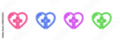 Neon glowing heart with cross vector icons set, love, faith, christianity, spirituality, religion, belief, vibrant colorful digital design illustration on transparent background.