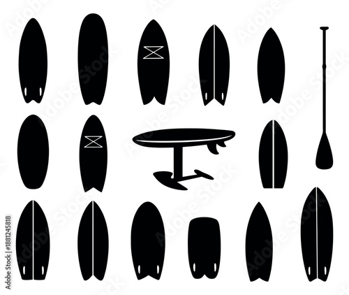 Modern silhouette surfing equipment set featuring various surfboards, a paddleboard, a hydrofoil board and a paddle for summer sports and beach activities